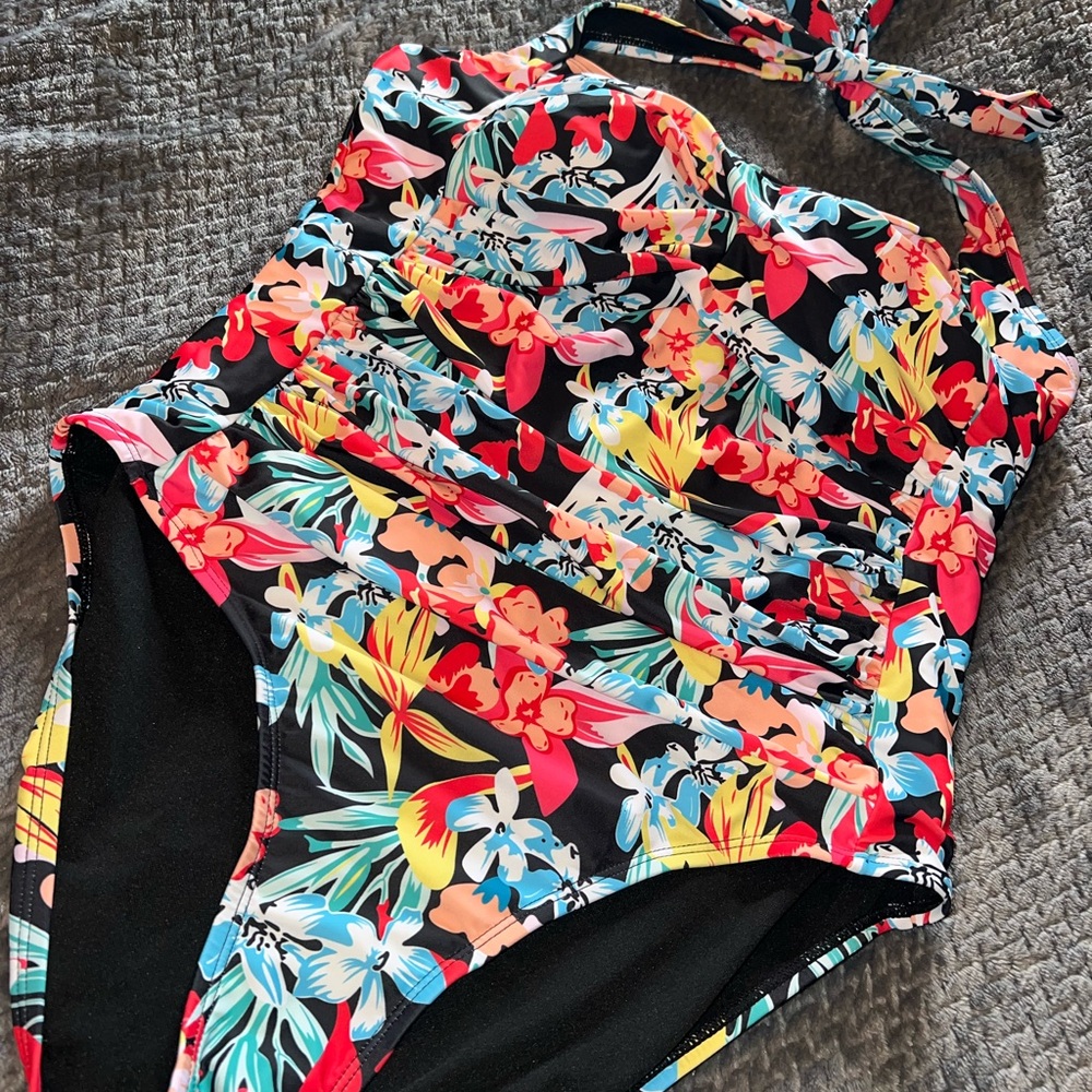 Floral Halter One-Piece Swimsuit - Black Multicolor